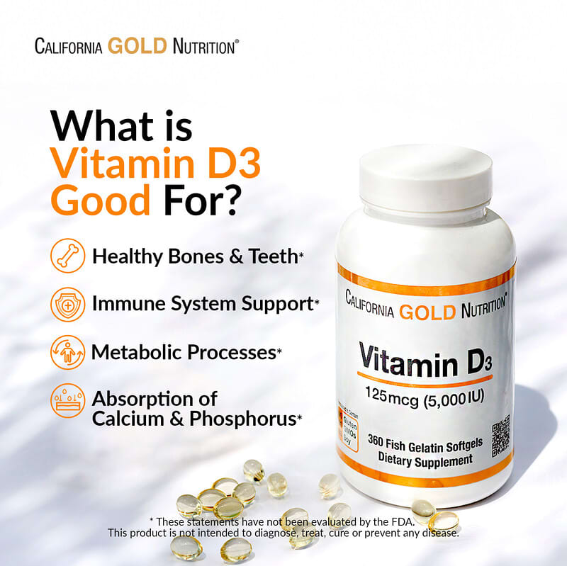 California Gold Nutrition, Vitamin D3, 125 mcg (5,000 IU), 360 Fish Gelatin Softgels