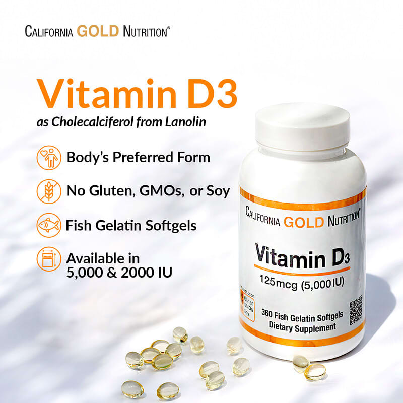 California Gold Nutrition, Vitamin D3, 125 mcg (5,000 IU), 360 Fish Gelatin Softgels