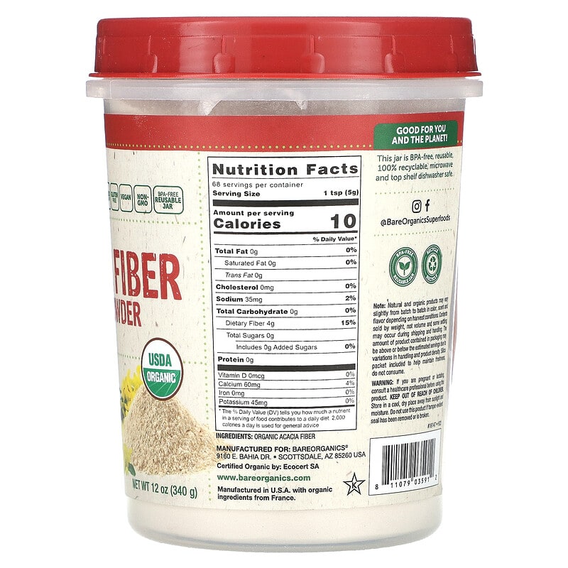 BareOrganics, Organic Acacia Fiber Prebiotic Powder, 12 oz (340 g)