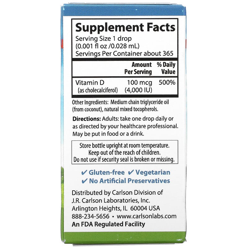 Carlson, Super Daily D3, 100 mcg (4,000 IU), 0.35 fl oz (10.3 ml)