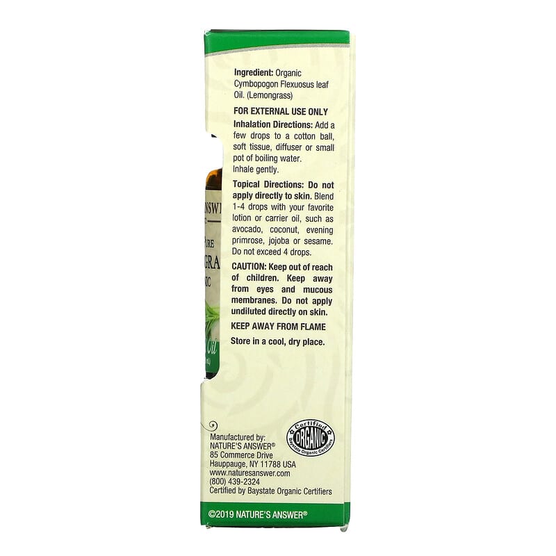 Nature's Answer, Organic Essential Oil, 100% Pure Lemongrass, 0.5 fl oz (15 ml)