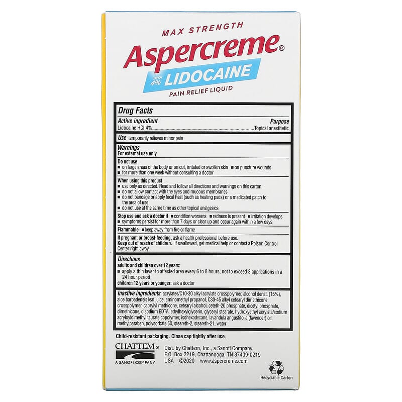 Aspercreme, Max Strength Pain Relief Liquid, With 4% Lidocaine, Lavender Essential Oil, 2.5 fl oz (73 ml)