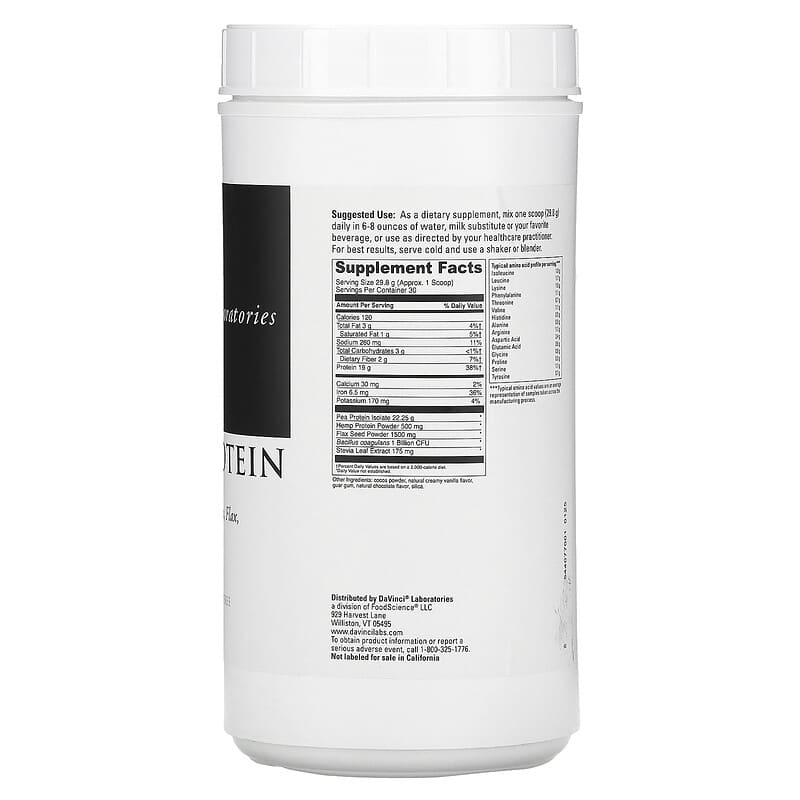 DaVinci Laboratories of Vermont, Vegan Protein, Creamy Chocolate, 31.54 oz  (894 g)