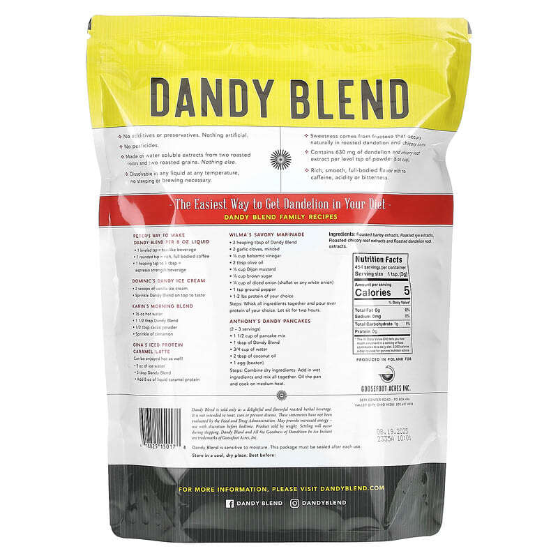 Dandy Blend, Instant Herbal Beverage with Dandelion, Dandy Blend, Caffeine Free, 2 lbs (908 g)