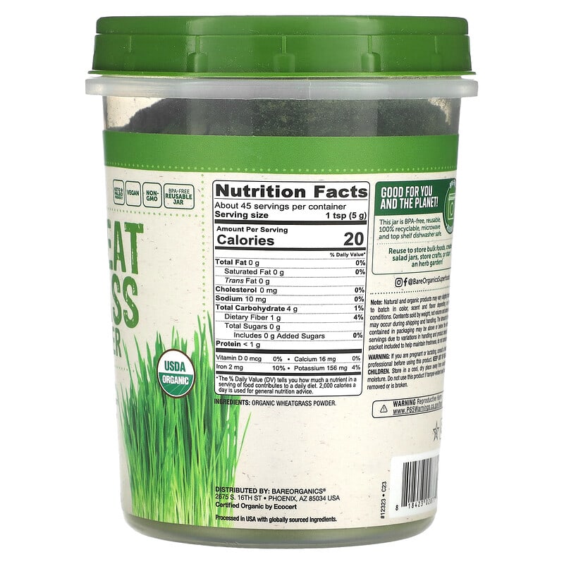 BareOrganics, Raw Organic Wheatgrass Powder, 8 oz (227 g)