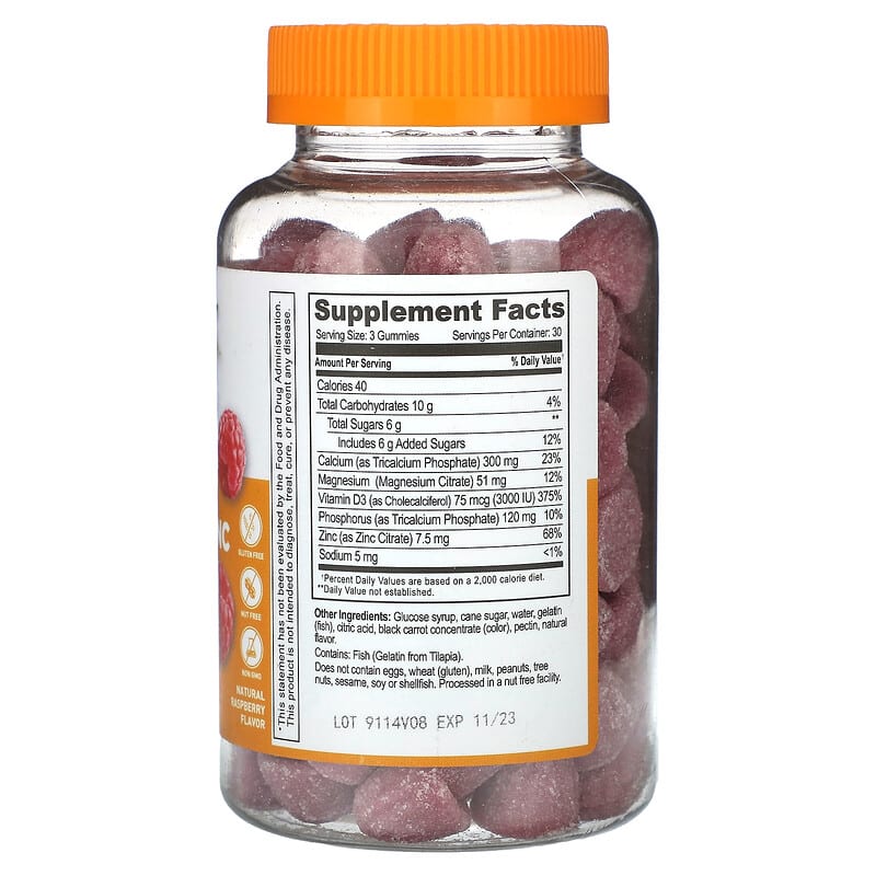 Lifeable, Calcium, Magnesium & Zinc + Vitamin D3 Gummies, Natural Raspberry, 90 Gummies