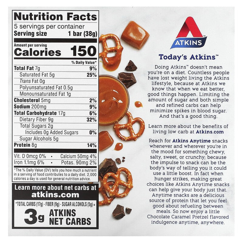 Atkins, Snack, Chocolate Caramel Pretzel Bar, 5 Bars, 1.34 oz (38 g) Each