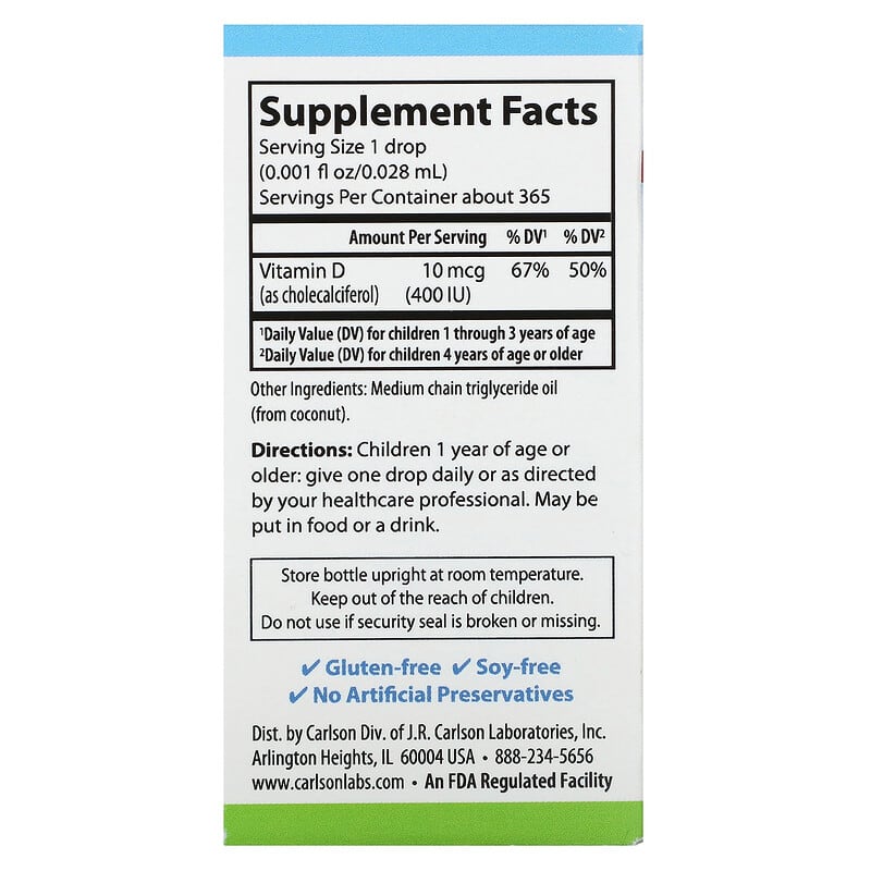 Carlson, Kids Super Daily D3, 10 mcg (400 IU ), 365 Vegetarian Drops, 0.35 fl oz (10.3 ml)