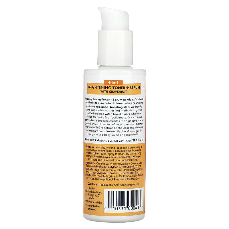 Dickinson Brands, Original Witch Hazel, 4-In-1 Brightening Toner + Serum with Grapefruit, Alcohol Free, 4 fl oz (118 ml)