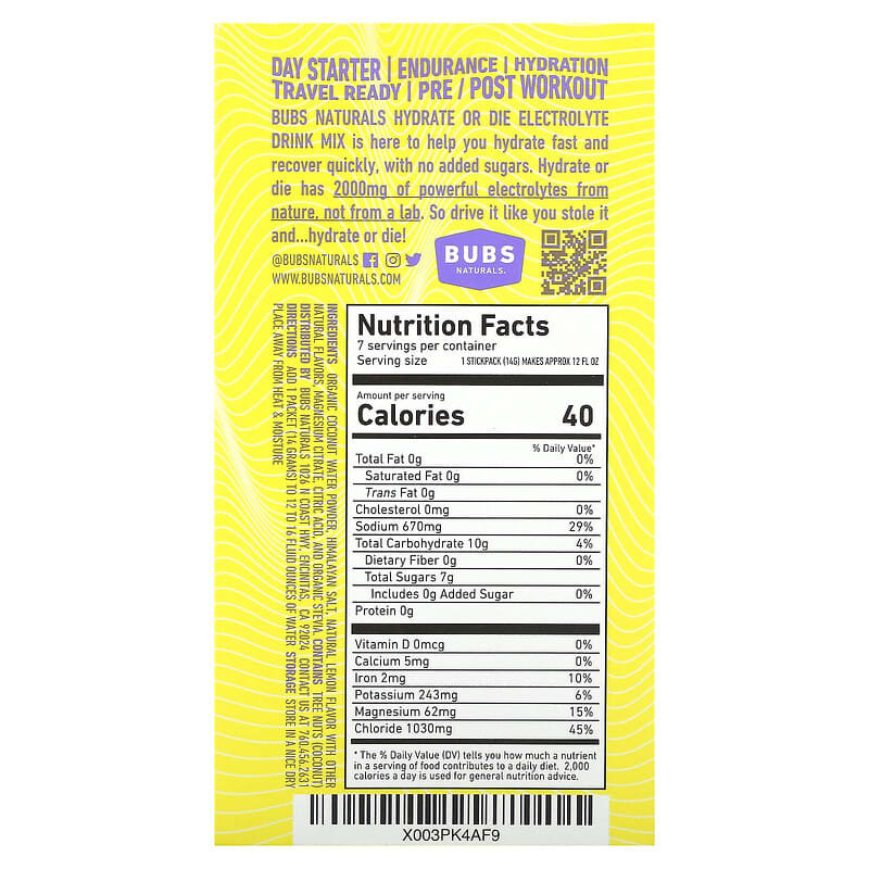 BUBS Naturals, Hydrate or Die, Electrolyte Drink Mix, Lemon, 7 Sticks, 0.4 oz (14 g) Each