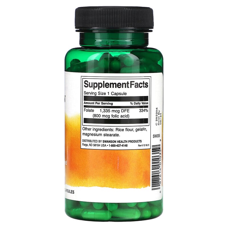 Swanson, Folic Acid, 800 mcg, 250 Capsules