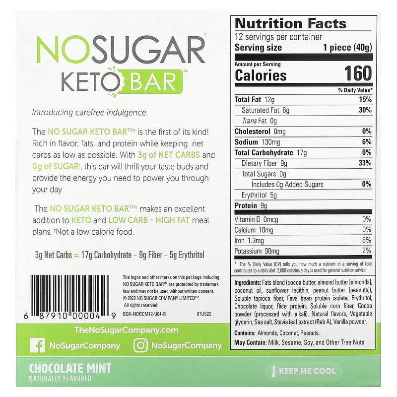 The No Sugar Company, Keto Bar, Chocolate Mint, 12 Bars, 1.41 oz (40 g) Each
