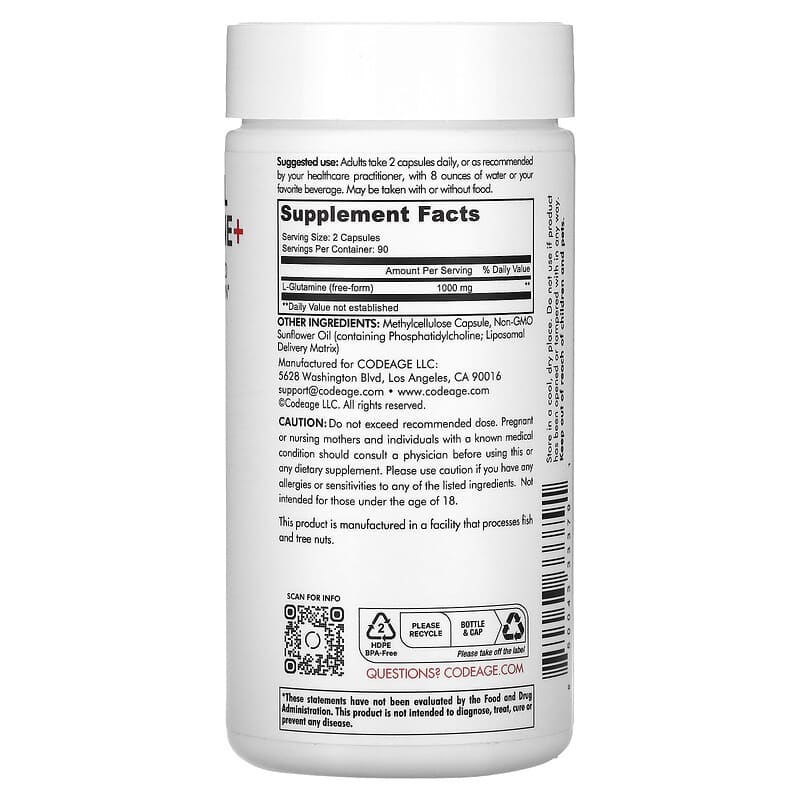 Codeage, Liposomal L-Glutamine+, Free-From Amino Acid, Enhanced Absorption, 180 Capsules