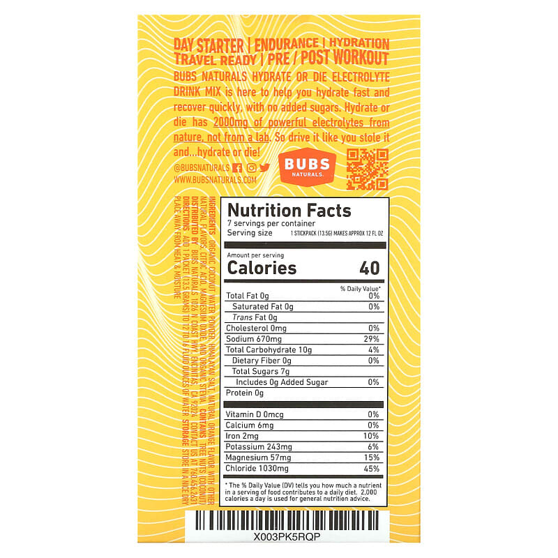 BUBS Naturals, Hydrate or Die, Electrolyte Drink Mix, Orange, 7 Sticks, 0.4 oz (13.5 g) Each