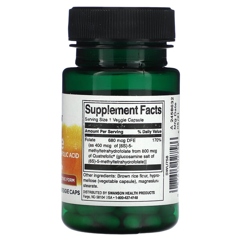 Swanson, Folate 5-Methyltetrahydrofolic Acid , 400 mcg , 30 Veggie Caps