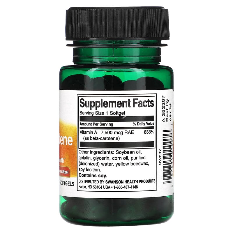 Swanson, Beta Carotene, 25,000 IU (7,500 mcg RAE), 100 Softgels