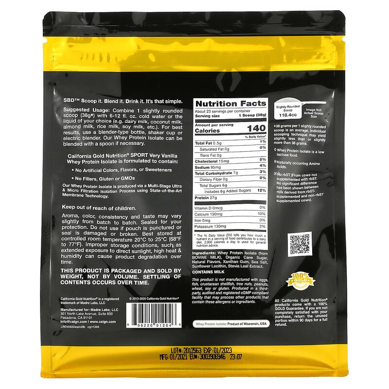 California Gold Nutrition, 100% Whey Protein Isolate, Very Vanilla Flavor, 2 lbs (907 g)