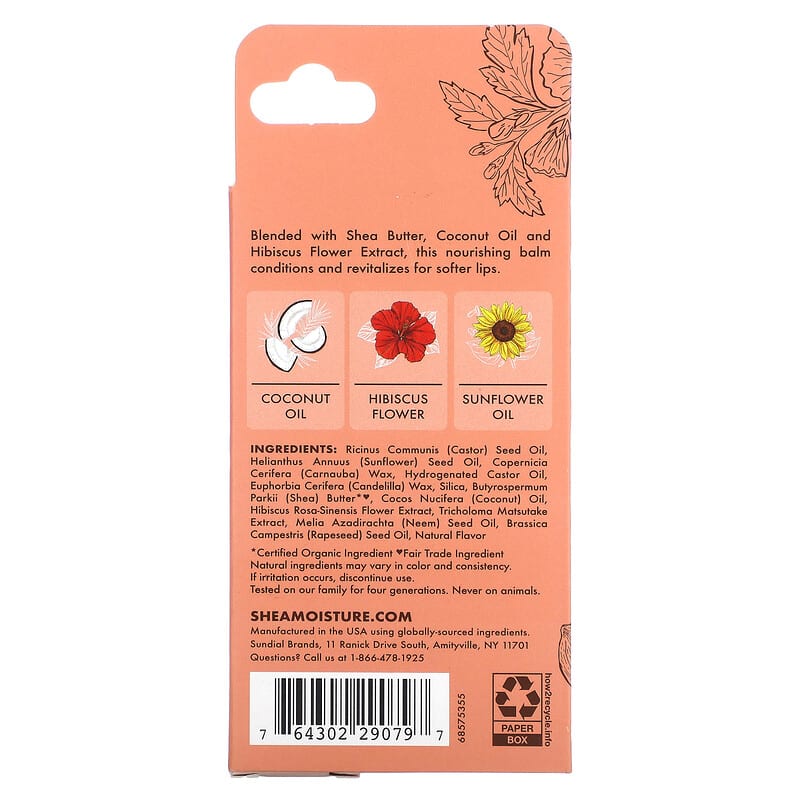 SheaMoisture, Shea Butter Vegan Lip Balm with Sunflower Oil, Coconut & Hibiscus, 0.43 oz (12.2 g)