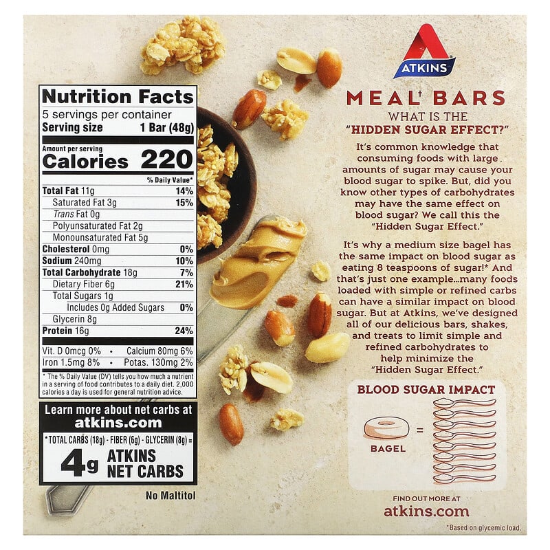 Atkins, Protein Meal Bar, Peanut Butter Granola Bar, 5 Bars, 1.76 oz (50 g) Each