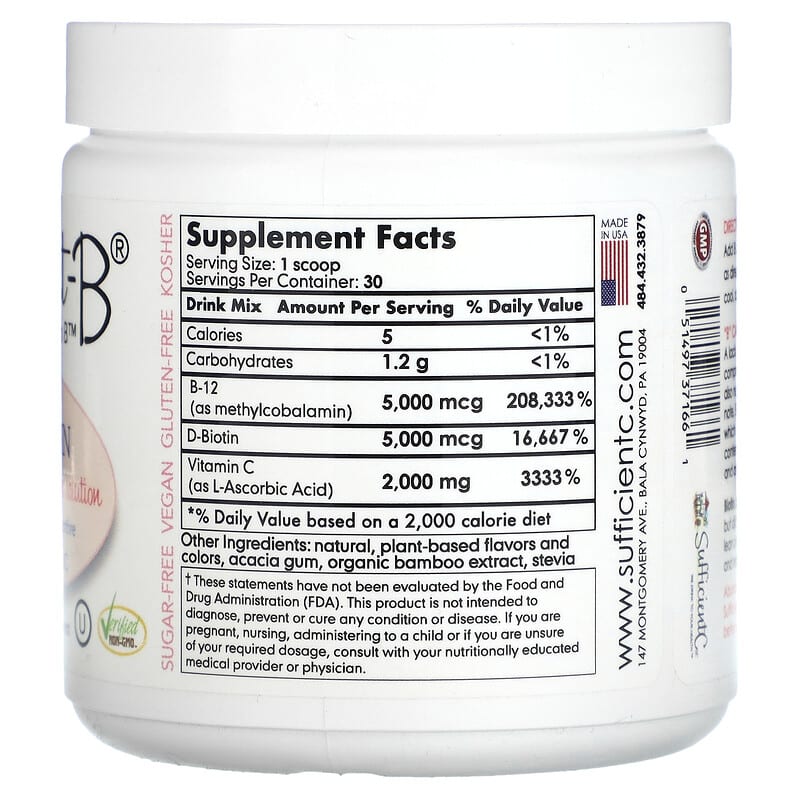 Sufficient C, Abundant-B High Dosed B-12 & Biotin Drink Mix, Pink Lemonade, 108 g