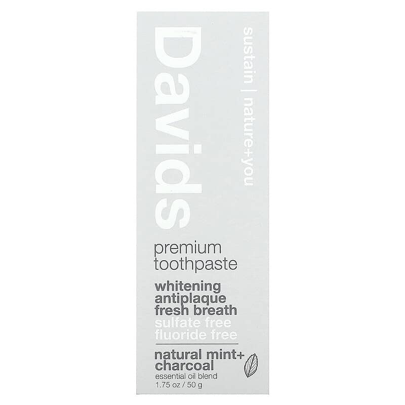 Davids Natural Toothpaste, Premium Toothpaste, Whitening + Antiplaque, Natural Mint + Charcoal, 1.75 oz (50 g)