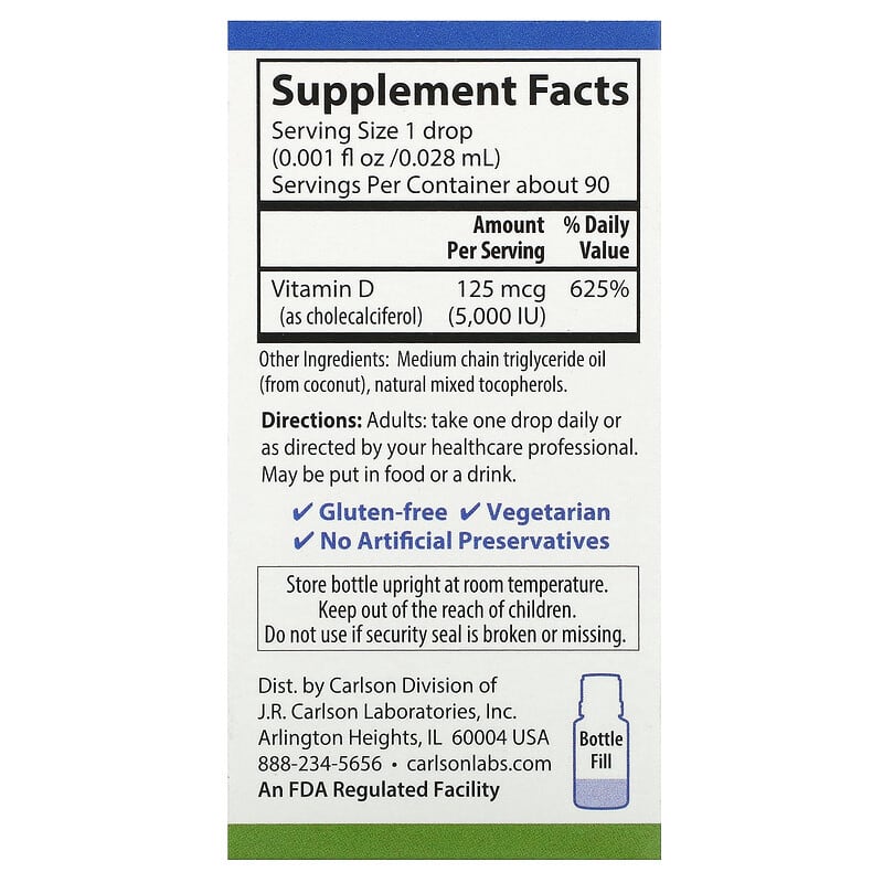 Carlson, Super Daily, D3, 125 mcg (5,000 IU), 90 Vegetarian Drops, 0.086 fl oz (2.54 ml)