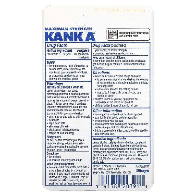 Blistex, Kank-A, Mouth Pain Liquid, 0.33 fl oz (9.75 ml)