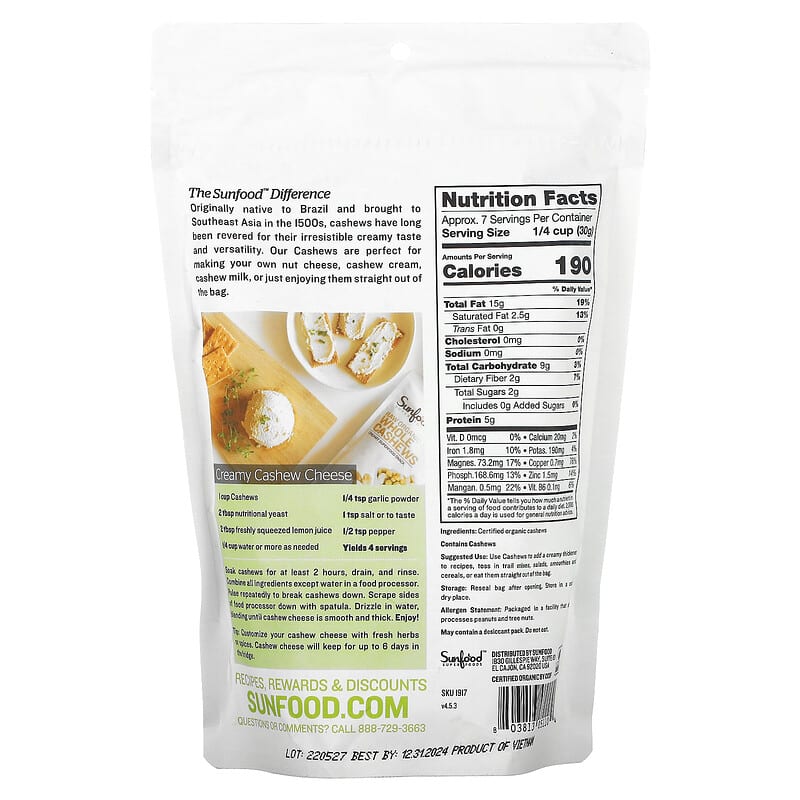 Sunfood, Raw Organic Whole Cashews, 8 oz (227 g)