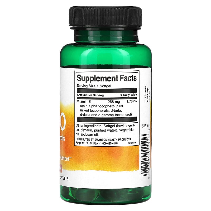 Swanson, E-400, Mixed Tocopherols, 400 IU (268 mg), 100 Softgels