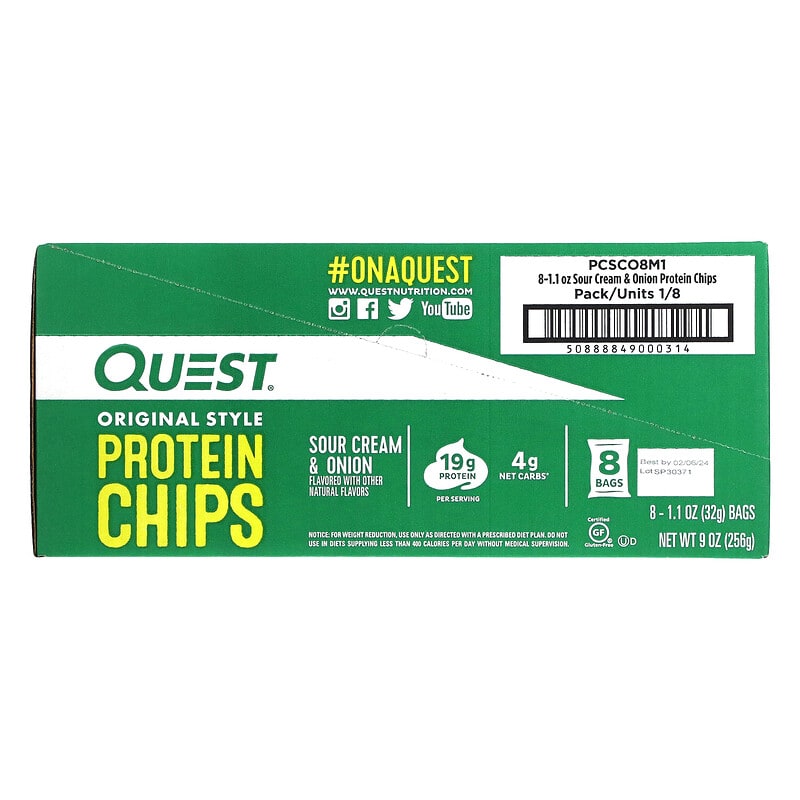 Quest Nutrition, Original Style Protein Chips, Sour Cream & Onion, 8 Bags, 1.1 oz (32 g) Each