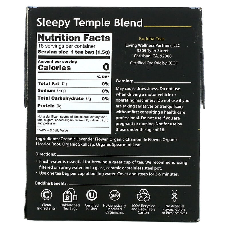 Buddha Teas, Organic Herbal Tea, Sleepy Temple Blend, 18 Tea Bags, 0.95 oz (27 g)