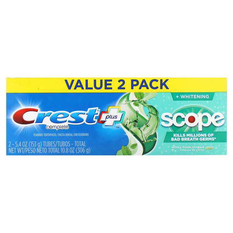 Crest, Complete Plus Scope, Whitening Toothpaste, Minty Fresh Striped, 2 Pack, 5.4 oz (153 g)  Each