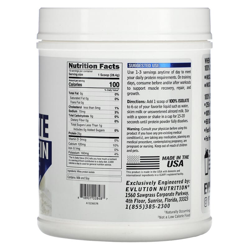 EVLution Nutrition, 100% Isolate Protein, Unflavored, 1 lbs (454 g)