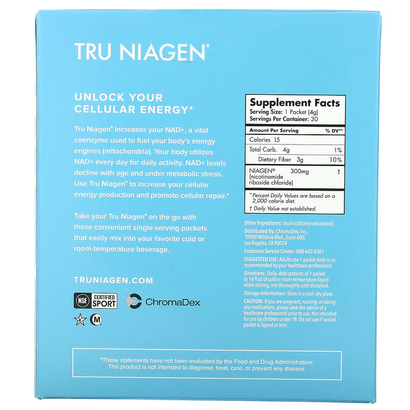 Tru Niagen, Increases NAD+, Nicotinamide Riboside, Unflavored, 30 Packets, 0.14 oz (4 g) Each