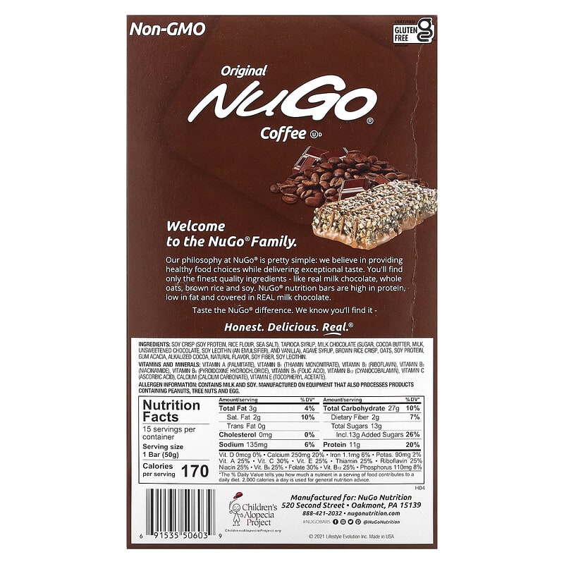 NuGo Nutrition, Coffee Nutrition Bar, 15 Bars 1.76 oz (50 g) Each