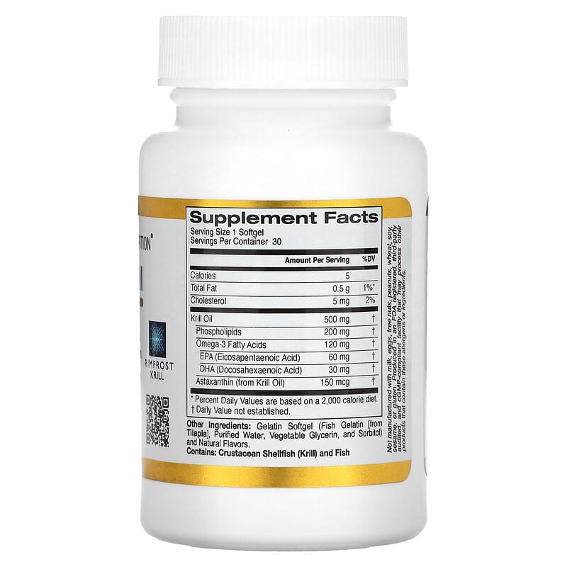 California Gold Nutrition, Antarctic Krill Oil, Omega-3 Phospholipids Complex with Astaxanthin, Natural Strawberry and Lemon Flavor, 500 mg, 30 Fish Gelatin Softgels