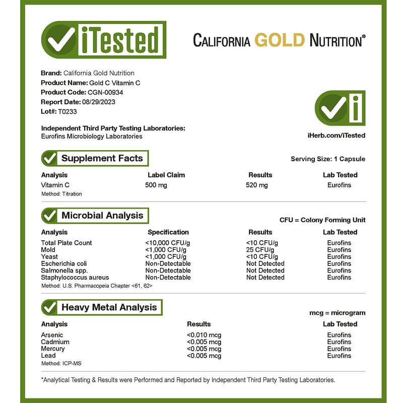 California Gold Nutrition, Gold C, USP Grade Vitamin C, 500 mg, 240 Veggie Capsules