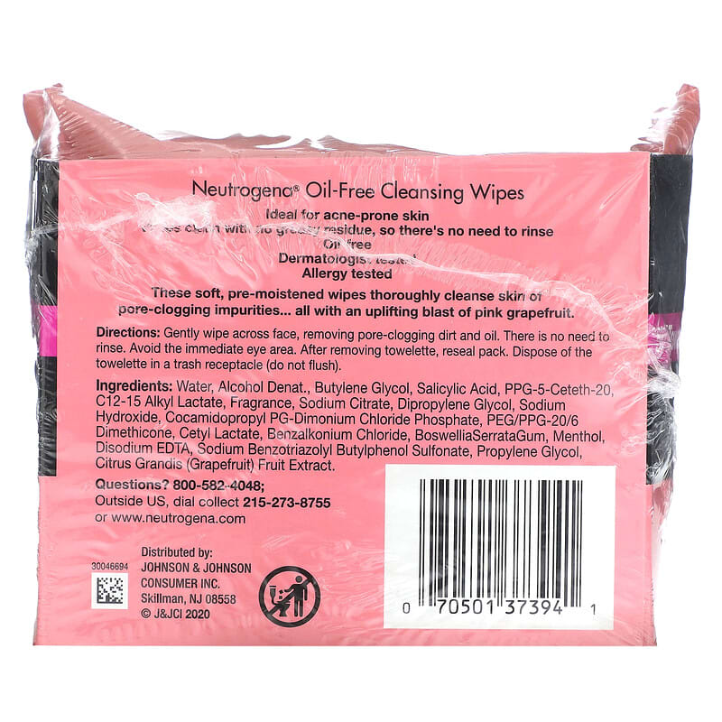 Neutrogena, Oil-Free Cleansing Wipes, Pink Grapefruit, 2 Packs, 25 Pre-Moistened Towelettes Each