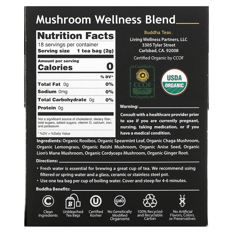 Buddha Teas, Organic Herbal Tea, Mushroom Wellness Blend, Caffeine Free, 18 Tea Bags, 1.14 oz (32 g)