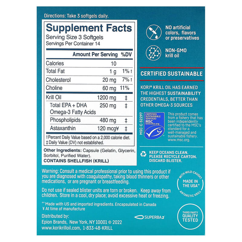 Kori, Pure Antarctic Krill Oil, Multi-Benefit Omega-3, 400 mg, 42 Softgels