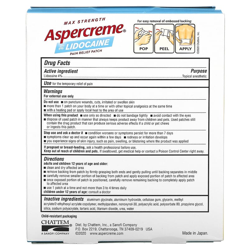 Aspercreme, Pain Relief Patch with 4% Lidocaine, Max Strength, Fragrance-Free, 5 Patches, (10 cm x 14 cm) Each