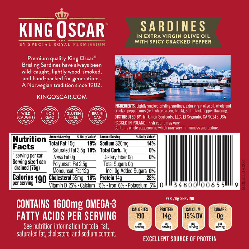 King Oscar, Wild Caught, Sardines In Extra Virgin Olive Oil, With Spicy Cracked Pepper, One Layer, 3.75 oz (106 g)