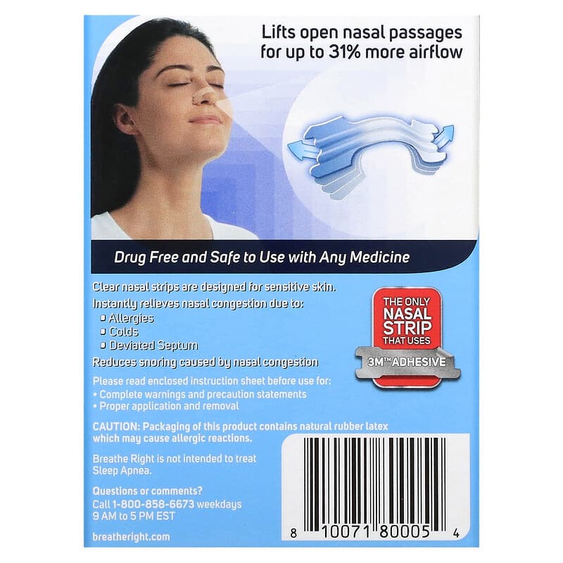 Breathe Right, Nasal Strips, Clear For Sensitive Skin, Large, 30 Clear Strips