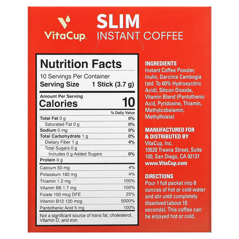 VitaCup, Slim Instant Coffee, Medium Dark Roast, 10 On-The-Go Sticks, 0.13 oz (3.7 g) Each