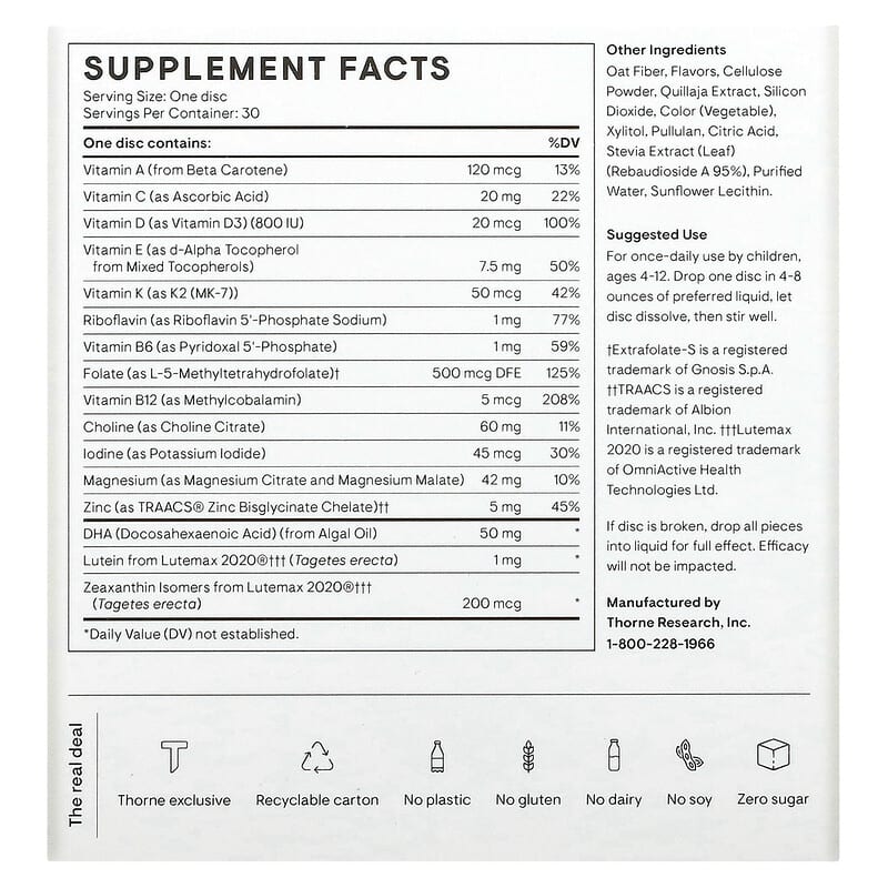 Thorne, Kids Multi+, Ages 4-12, Strawberry Kiwi, 30 Nutrient Discs