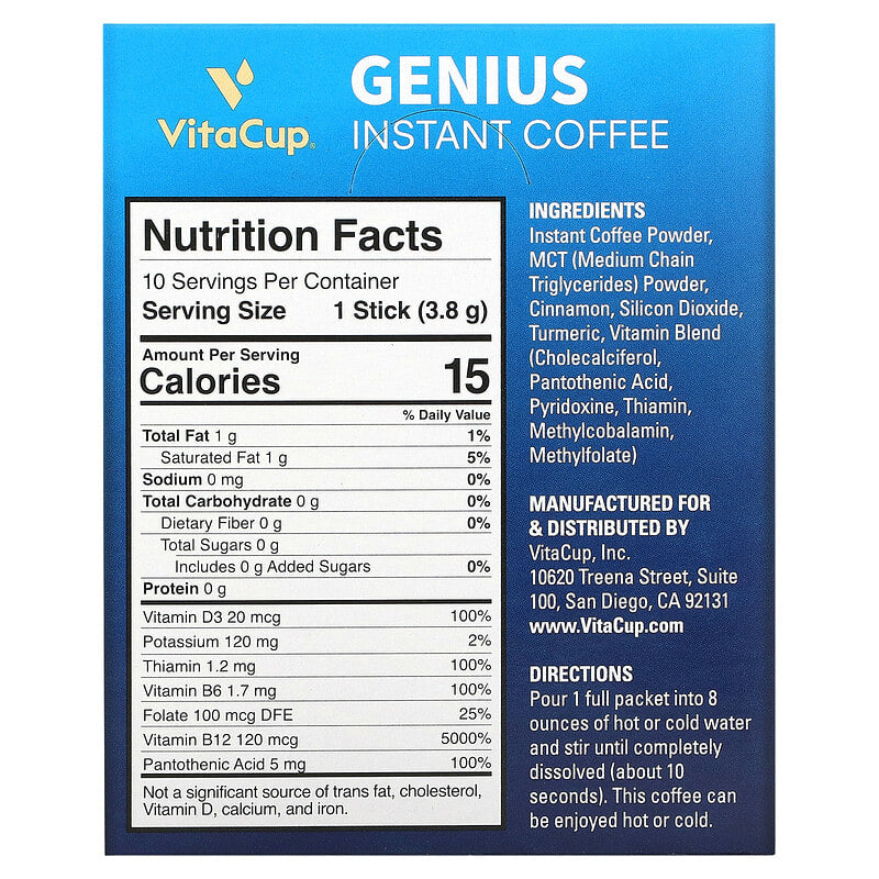 VitaCup, Genius Instant Coffee,  Medium Dark Roast, 10 On-The-Go Sticks, 0.13 oz (3.8 g) Each