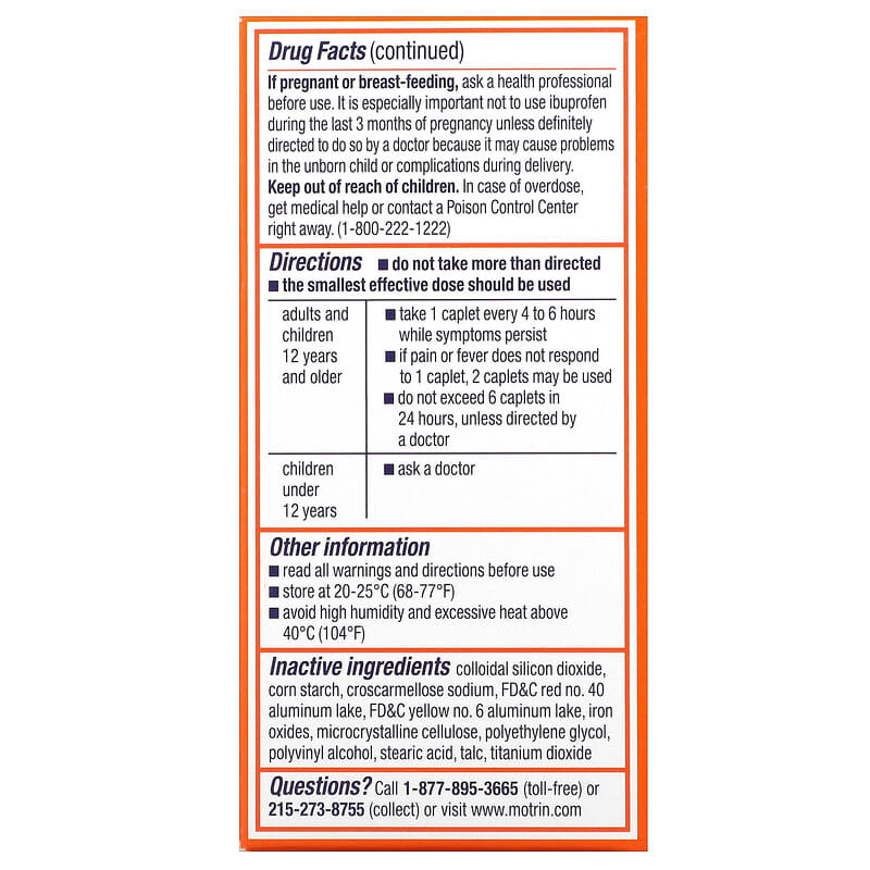 Motrin, Ibuprofen Tablets, 200 mg, 100 Coated Caplets