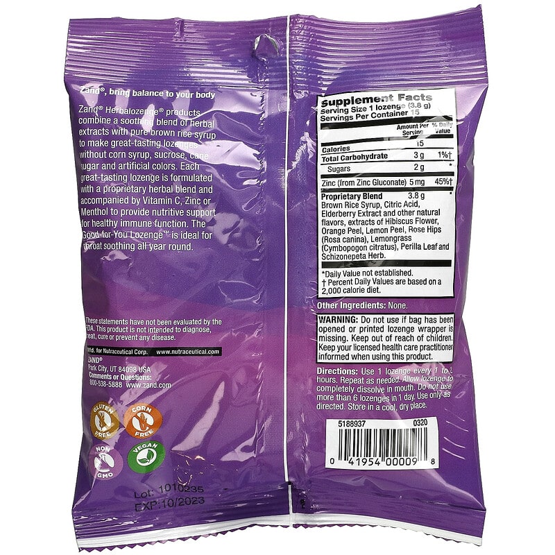 Zand, Naturals, Elderberry Zinc, Sweet Elderberry, 15 Throat Lozenges