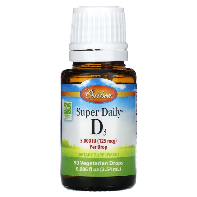 Carlson, Super Daily, D3, 125 mcg (5,000 IU), 90 Vegetarian Drops, 0.086 fl oz (2.54 ml)