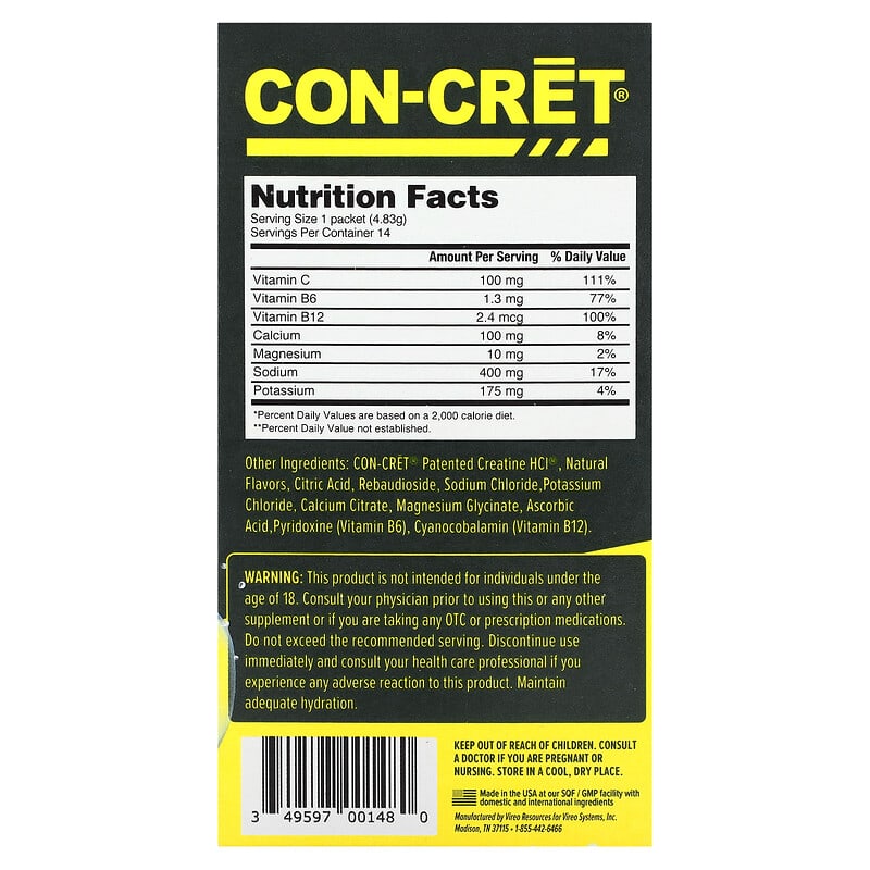 Con-Cret, Clean Hydration Drink Packets, Sugar-Free, Citrus Mango, 14 Packets, 0.19 oz (4.83 g) Each